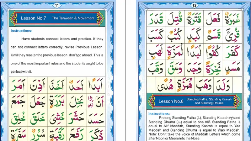 A lesson from a Basic Qaida book showing Arabic letters and words.